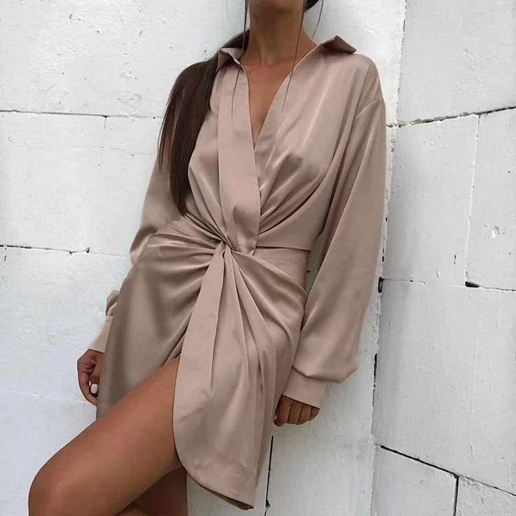 

Direct Supplier Clothing Knot Ruched Gray Robe V Neck Vestidos Para Mujer Long Sleeve Satin Dress