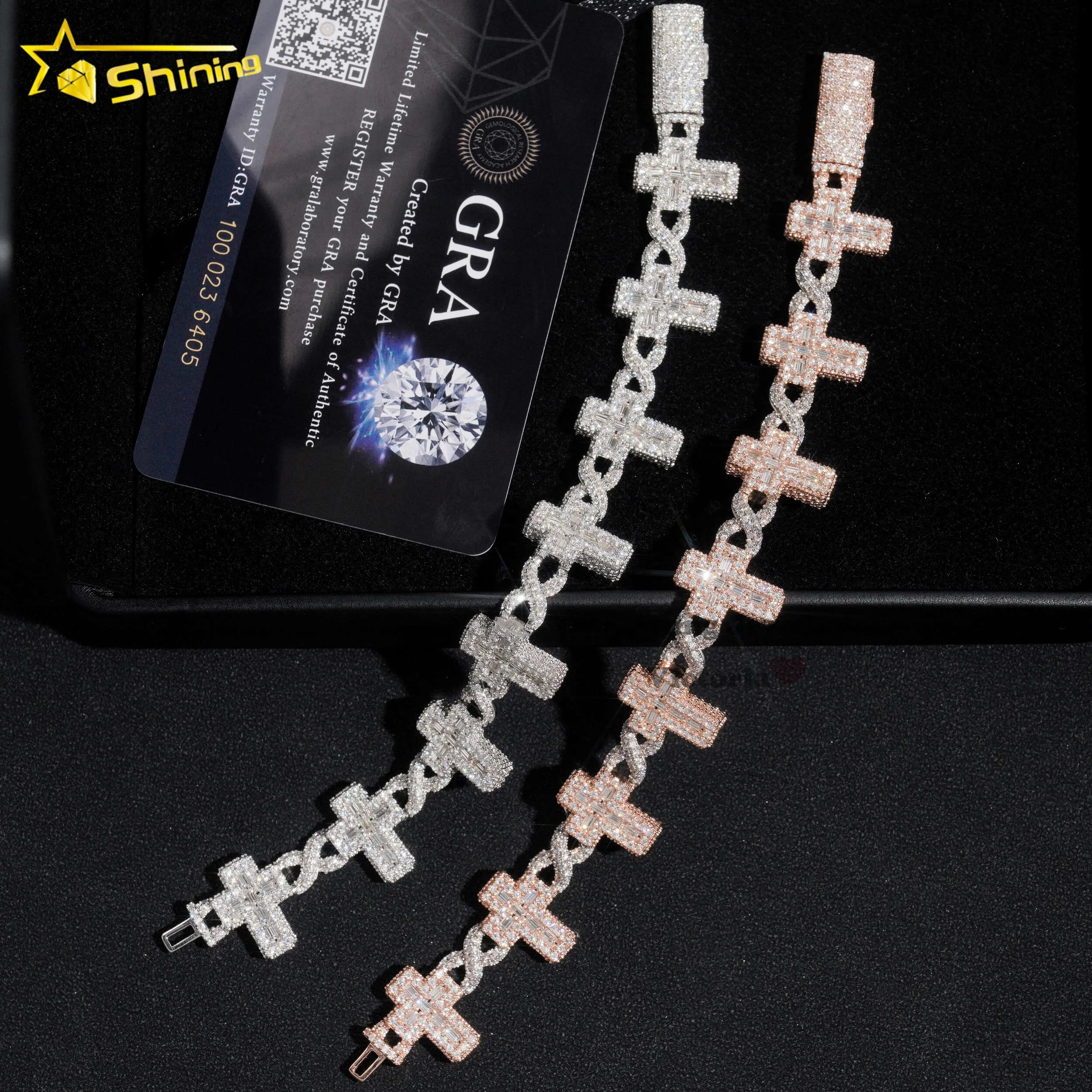 

New Hip Pop Jewelry Design S925 Silver Moissanite Bracelet Pass Diamond Test Baguette Moissanite Diamond Cross Cuban Bracelet