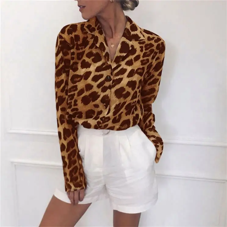 

Latest Design Long Sleeve Casual Women Top Leopard Print V-Neck Blouse Women Chiffon Women Shirts For Ladies