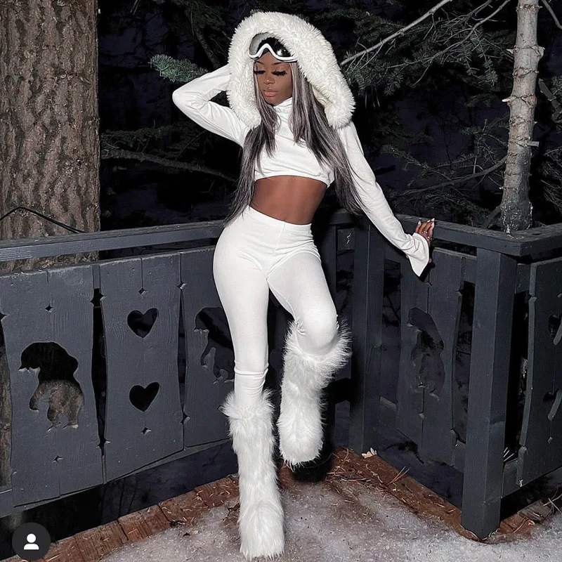 

Wholesale New Spring Women Sexy Fur Hooded Long Sleeve Crop Top and Long Pants Set Women 2 Piece Tracksuit Set