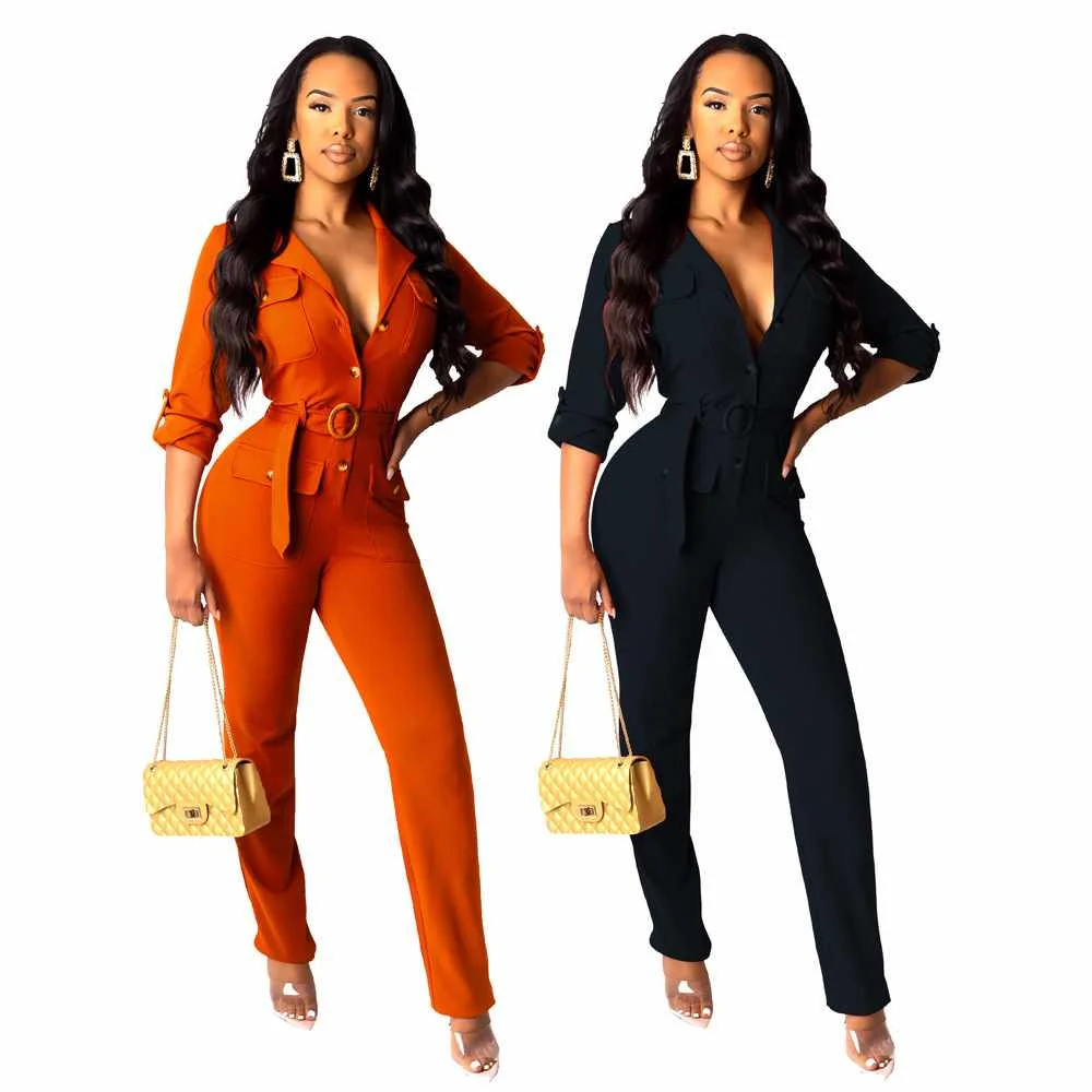 

2021 new long sleeve OL high waist wear womens sexy solid color clothes formal jumpsuit