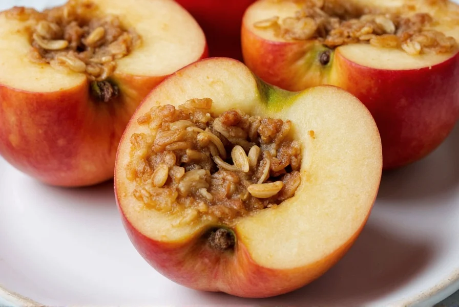Cross-section of baked apple halves filled with cinnamon oat mixture showing golden brown topping and tender apple flesh