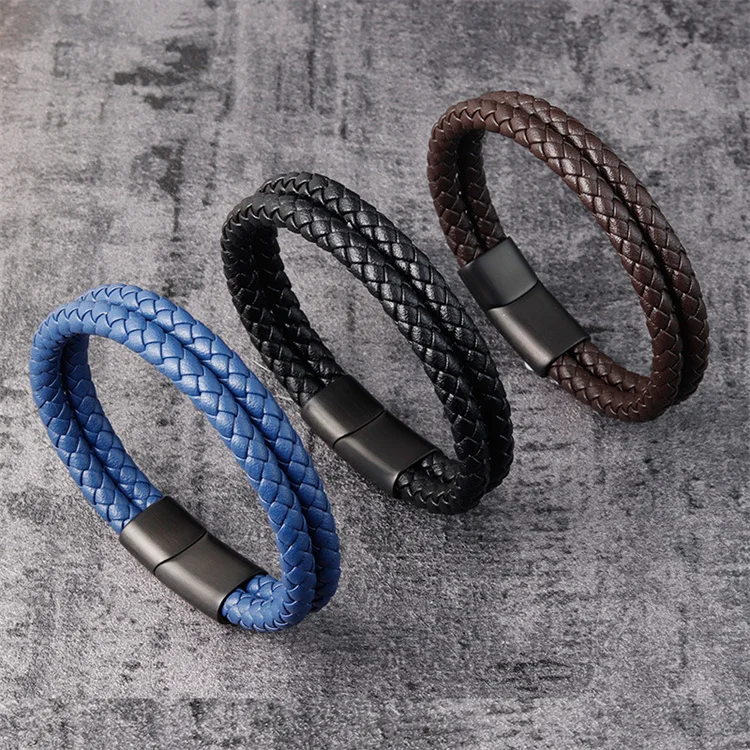 

Hot Selling Men's Jewelry Brown Black Leather Bracelet Stainless Steel Closure Two Layers Braided Leather Bracelets