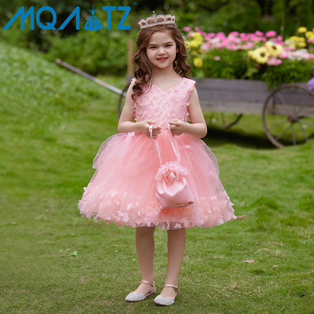 

MQATZ New pink princess baby dress flower Appliqued cute party gown Butterfly 7th birthday girl L5502