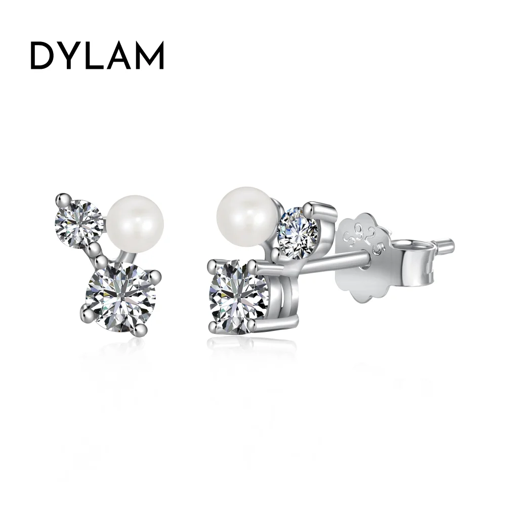 

Dylam High End Jewellery Women 925 Sterling Silver Rhodium Plated Clip On 5A Zircon Tiny Cluster Zirconia Pearl Stud Earrings