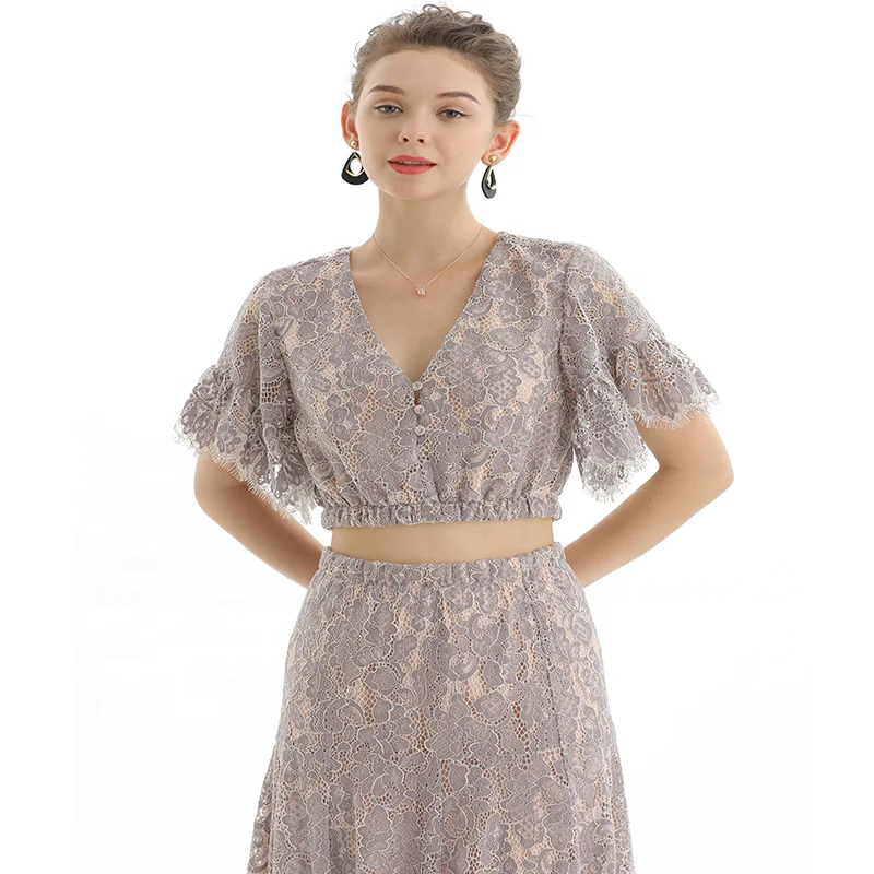

T064-2 Summer short top women luxury elegant lace Cutonts Embroidery tops woman