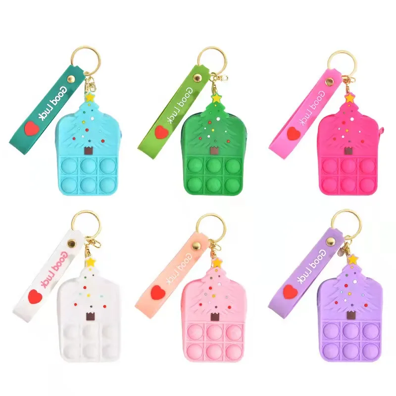 

2022 kids fidget pop up christmas tree girls purse crossbody bag silicone wallet christmas tree pop it coin purses for girls