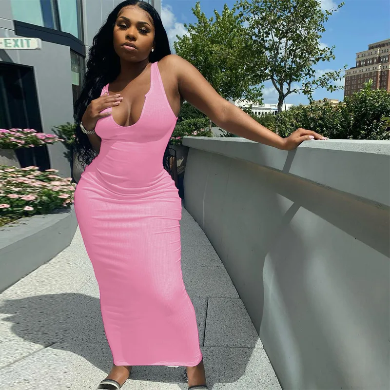 

Dropshipping women clothing ribbed tank top dress summer knitted sleeveless V neck bodycon dresses 2022