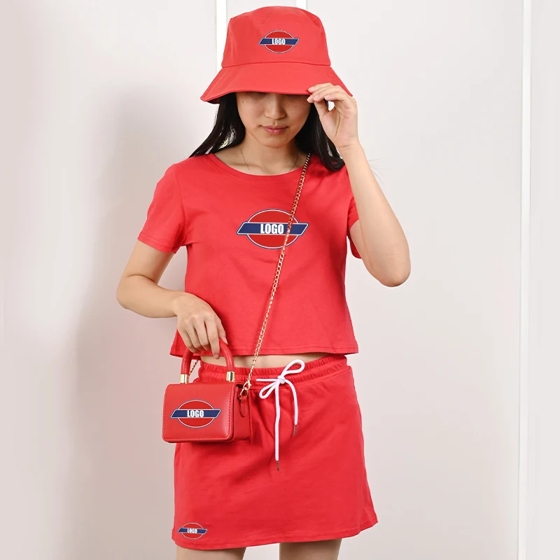 

Casual Two Piece Set Women Clothing Match Purses And Hat Sets Candy Color 100% Cotton T Shirt With Short Skirt For Women Outfits, 9 colors