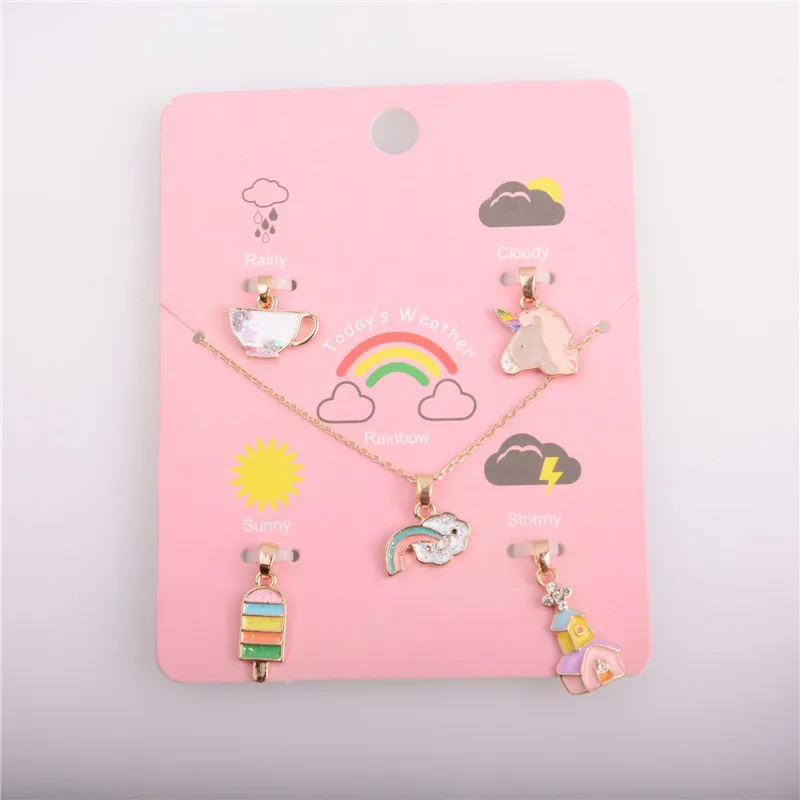 

Fashion Gold 5 Charms In 1 Cute Cartoon DIY Jewelry Sets Custom Children Girls Rainbow Unicorn Pendent Kids Necklaces, Multi