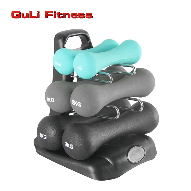 

Guli Fitness 12kg colorful Neoprene vinyl Dipping Bone Dumbbell Set With Rack for Women and kids Fitness, Blue/grey/black or customized