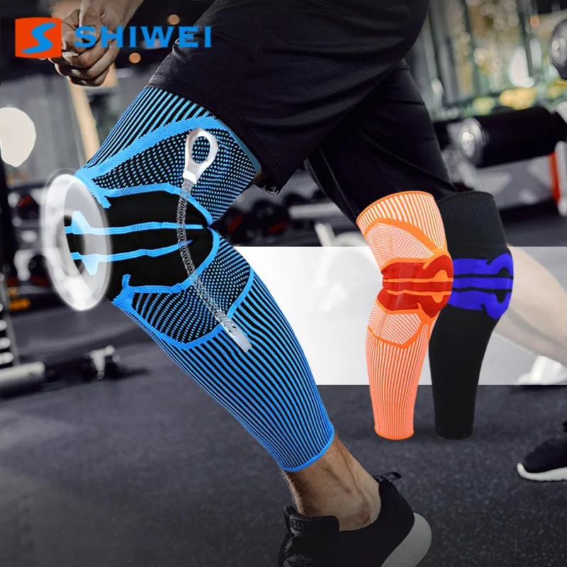 

Elastic nylon silicone protective knee long leg support brace, As picture