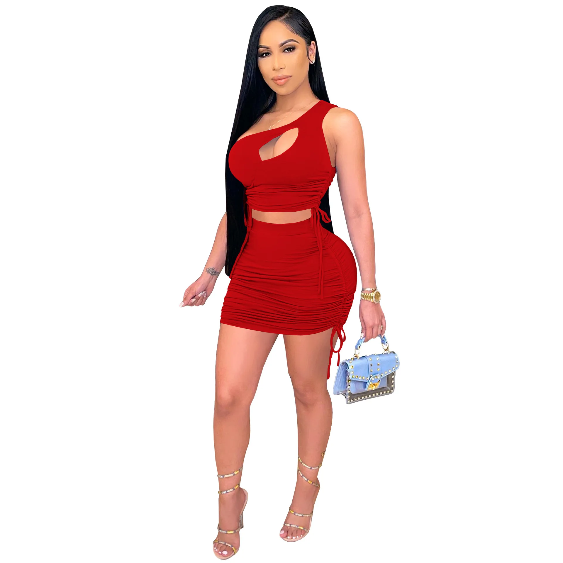

Summer Fashion Sexy Women Plicated Suit Sleeveless Solid Color Vest Hollow Out Two Piece Set Skirt, 5 colors