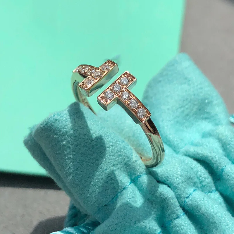 

Hot Trendy Blingbling Diamond Double T Ring For Women'S Fashion Ins Simple Personality Open Elegant  Single Ring Alloy, White gold rose gold