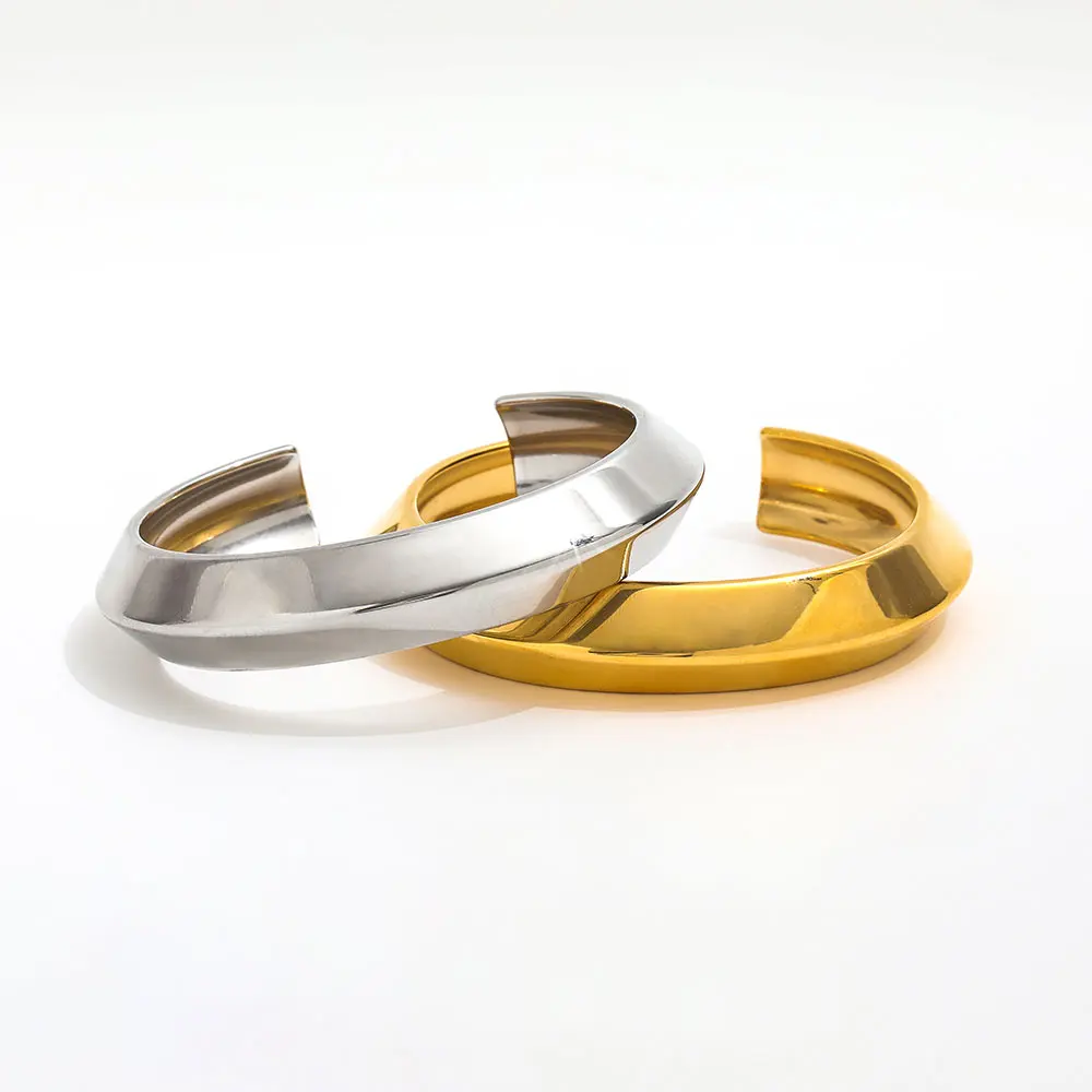 High End 18K Gold Plated Chunky Cuff Flying Saucer Bracelet Bangle Stainless Steel Gold Jewelry