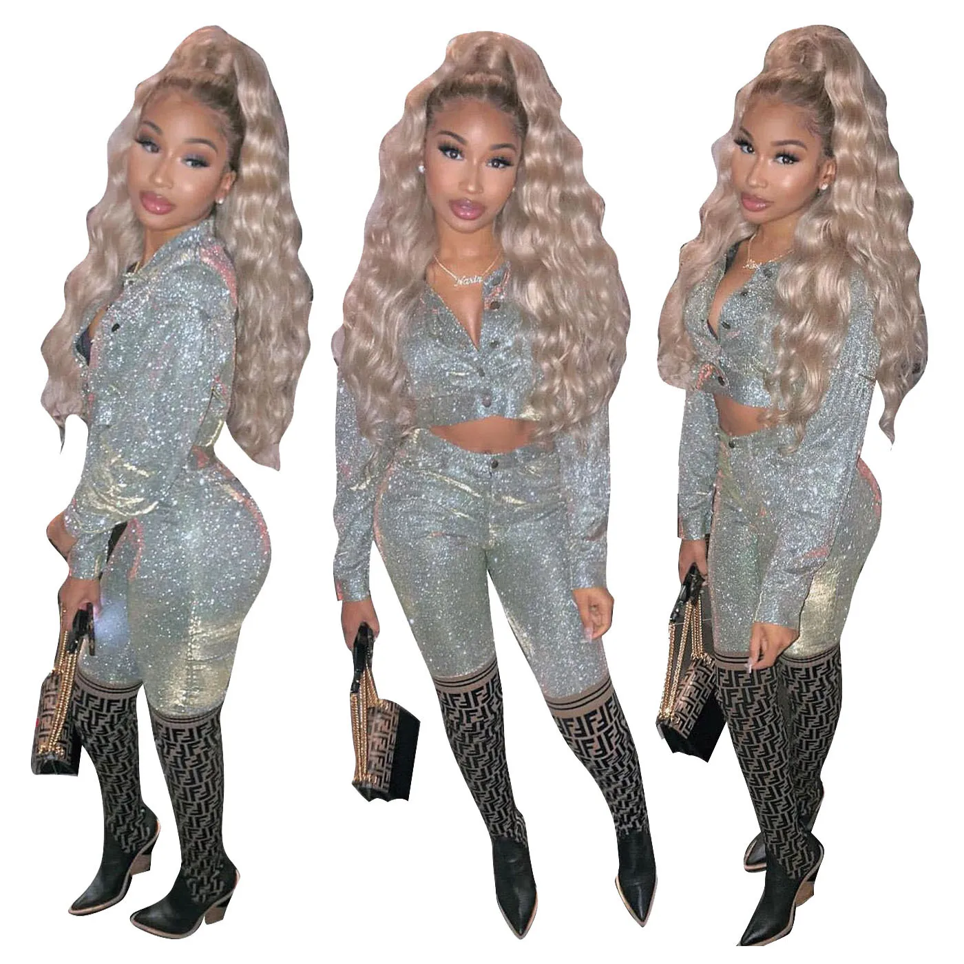 

Women's shiny metal wire jacket + pencil pants 2 sets nightclub clothing