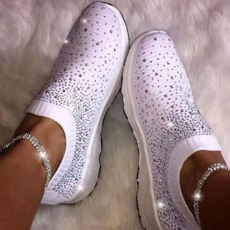 

Wholesale Custom Slip OnPlatform Sports Women Fashion Sneakers Mesh Sock Shoes Design Women Rhinestone Breathable Casual Shoes