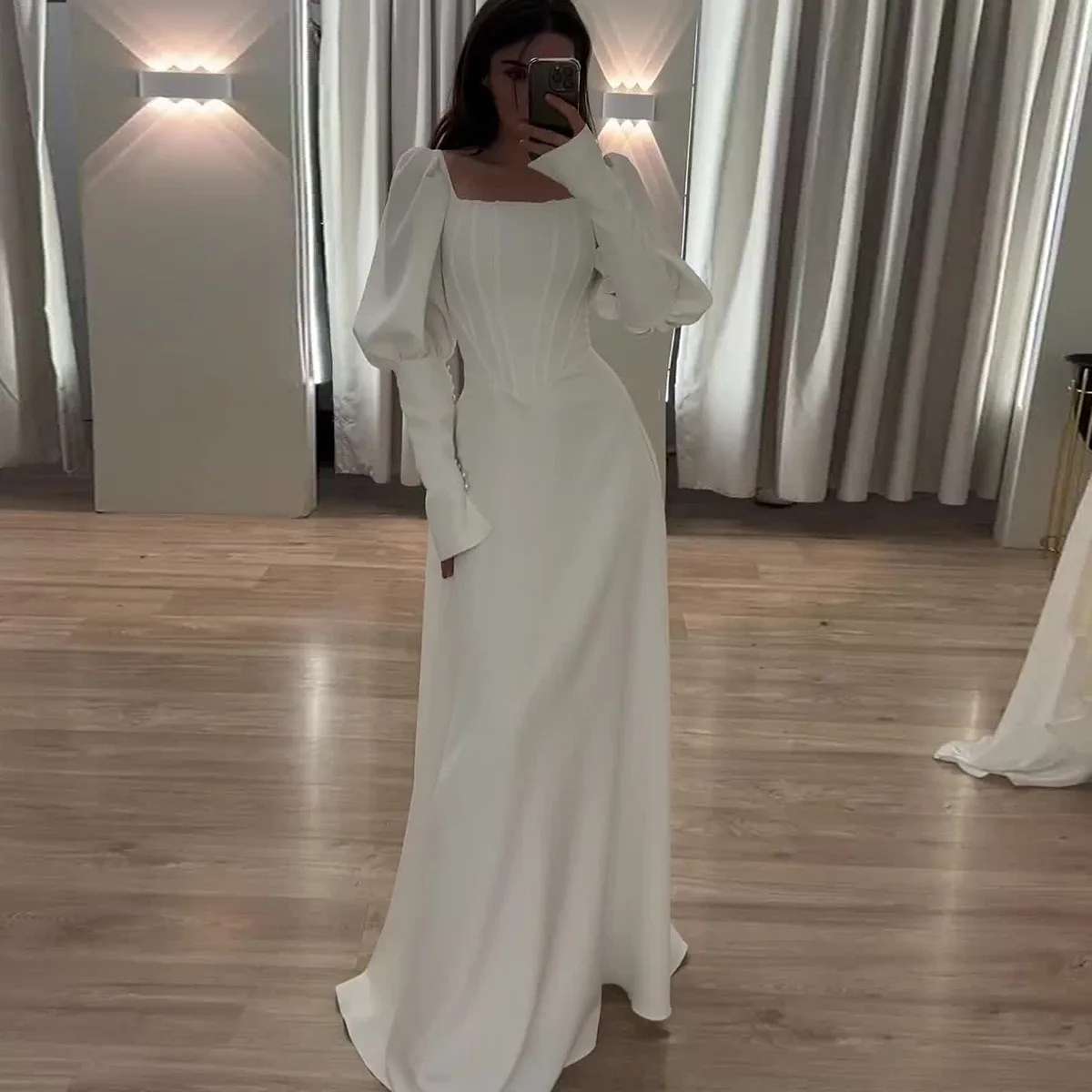 Boutique Wholesale 2026 Autumn New Fashionable Long Sleeved Waist Cinched Square Collar Mid Length Women's Dress