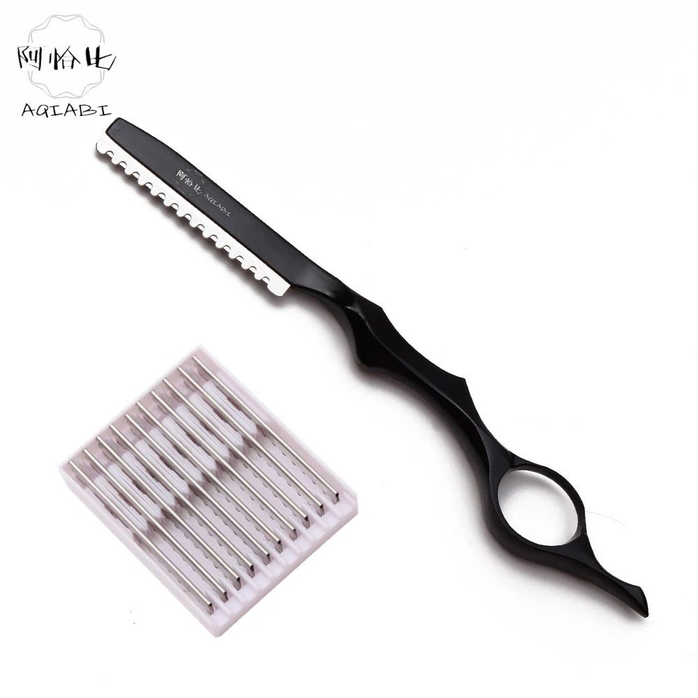 

17.5cm AQIABI Professional Sharp Barber Razor Blades Hair Thinning Razors Hair Cut Knife With 10 Pcs Blades Z6100, Shiny/black/gold/colorful