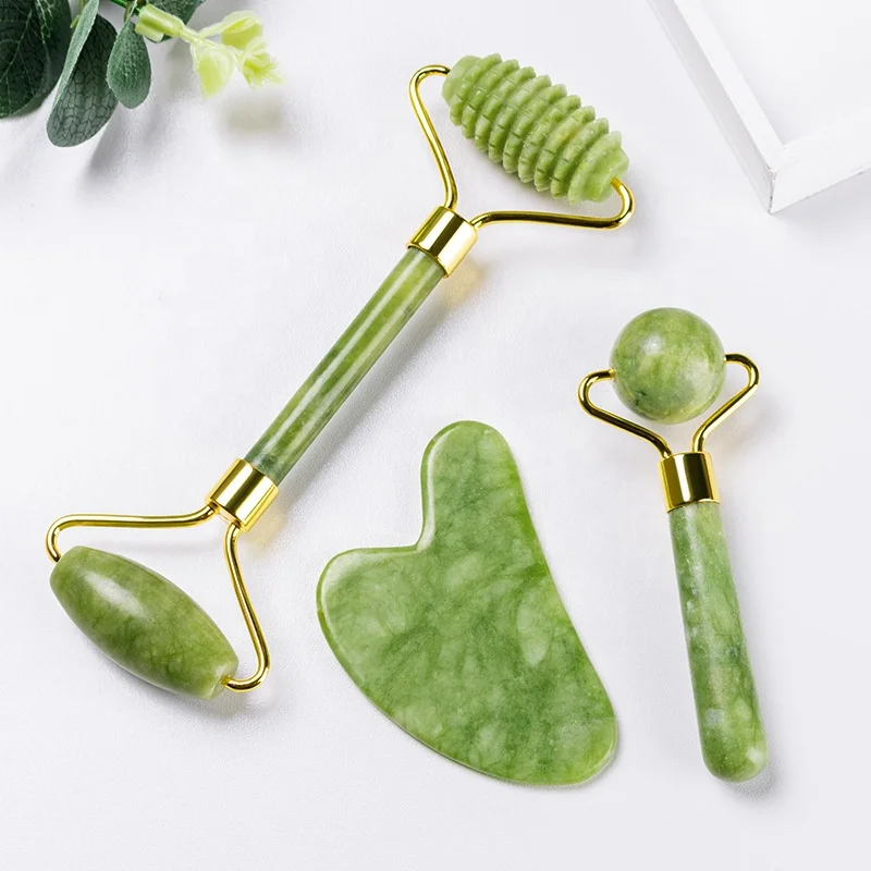 

High quality 3PCS/BOX Natural Facial Anti Aging Green Jade Roller Muscle Relaxing Relieve Wrinkles Jade Roller Gua Sha Box