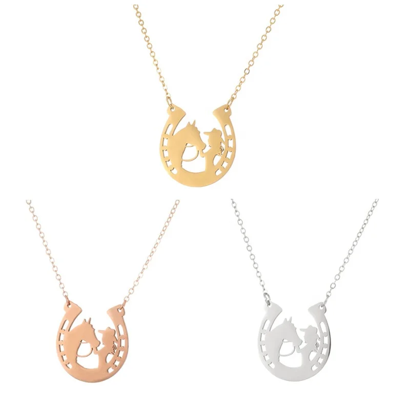 

New Fashion Movie Stainless Steel Horse Necklace Stainless Steel Horse And Girl Horseshoe Shape Pendant Necklace Jewelry