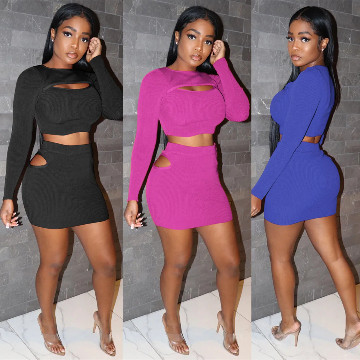 

Women clothing 2021 sexy mini dress wholesale hot night dress sexy fashionable bodycon hollow out two piece sets D11671