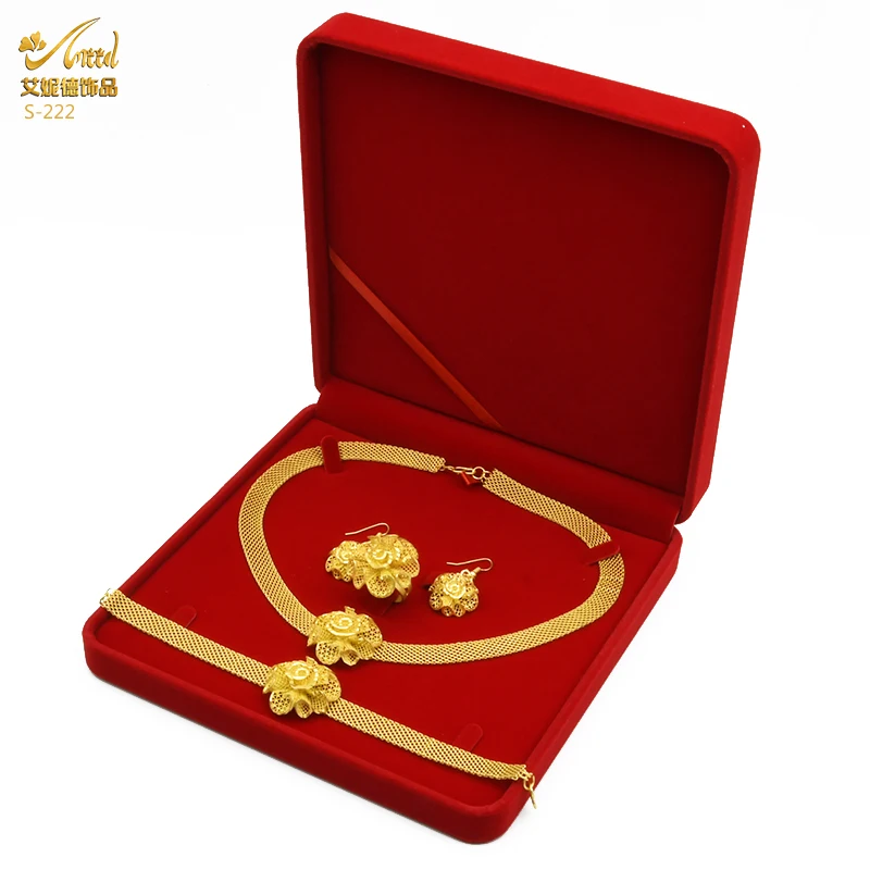 

Elegant India Dubai 24K Gold Plated Wedding Necklace Rings Earrings 4 Piece Flower Woman Jewelry Set