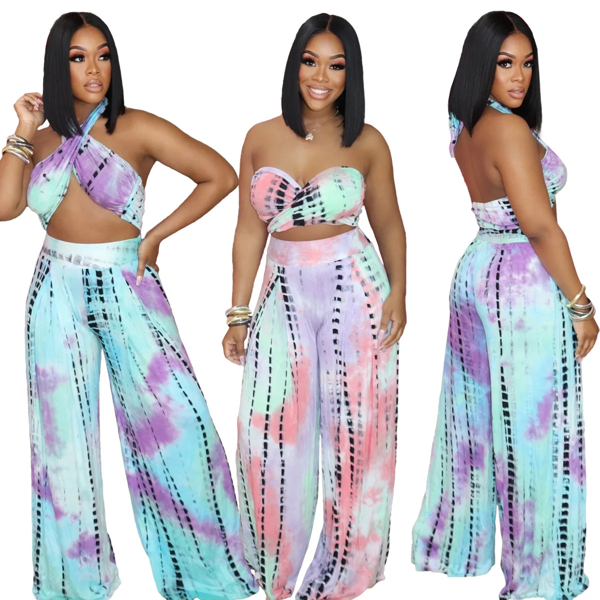 

L2740 - pants and crop top fashion sexy printed sleeveless women two piece pants set