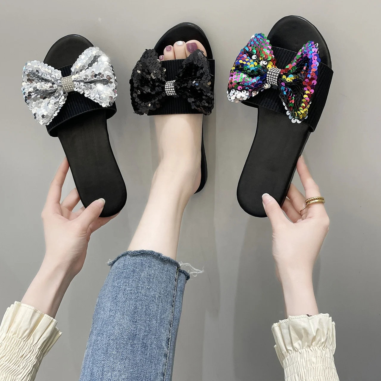 

LESLIDES New Trend Sequins Bow Knot Women Casual Flat Sandals Shoes Ladies Leisure Comfortable and Durable Footwear Slippers, Black/ silver/ colorful