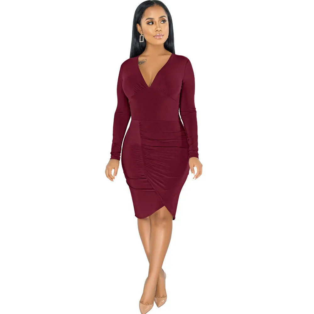 

New Women's V-neck Sexy Pleated Irregular Dress, Picture color