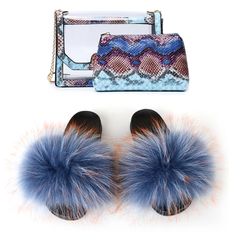 

pvc jelly bag with fox fur slippers sets stripe purse bag match colorful fur slides sandals