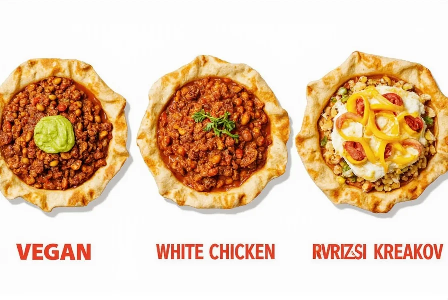 Variations of frito chili pie including vegan, white chicken, and breakfast versions