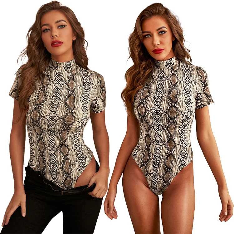 

2021 Hot Sale Sexy Women Bodysuit Brown Snake Leopard Print One Piece Lingerie Bodysuits For Women