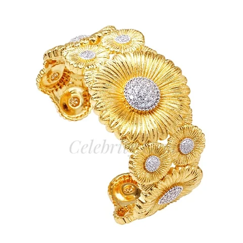 

Vintage Elegant Daisy Bracelets 35mm Width Two Tone 925 Sterling Silver Cuff Bangle, Gold/silver