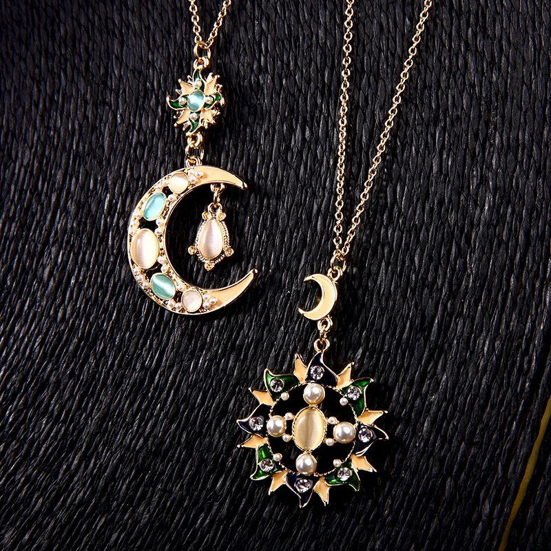 

xl01310d Ins Style Hot Opals Charm Enamel Pendant Long Chains Sun And Moon Necklace