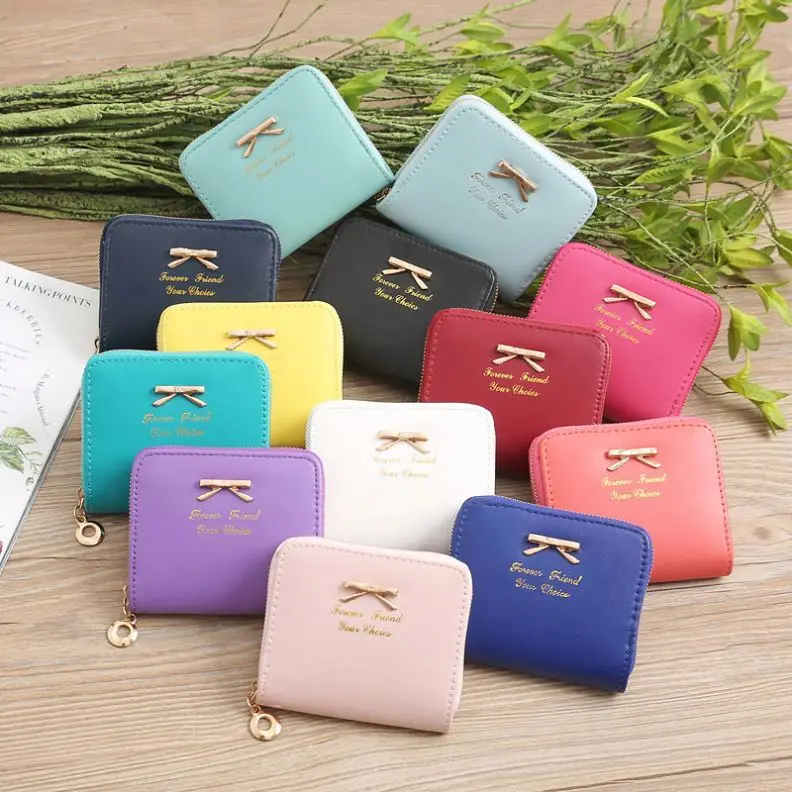 

Women Short Wallet Simple Short-style Clutch Bag Small Bowknot Decoration Zipper Handbag Slim Coin Pocket Purse, 13 colors, as pictures