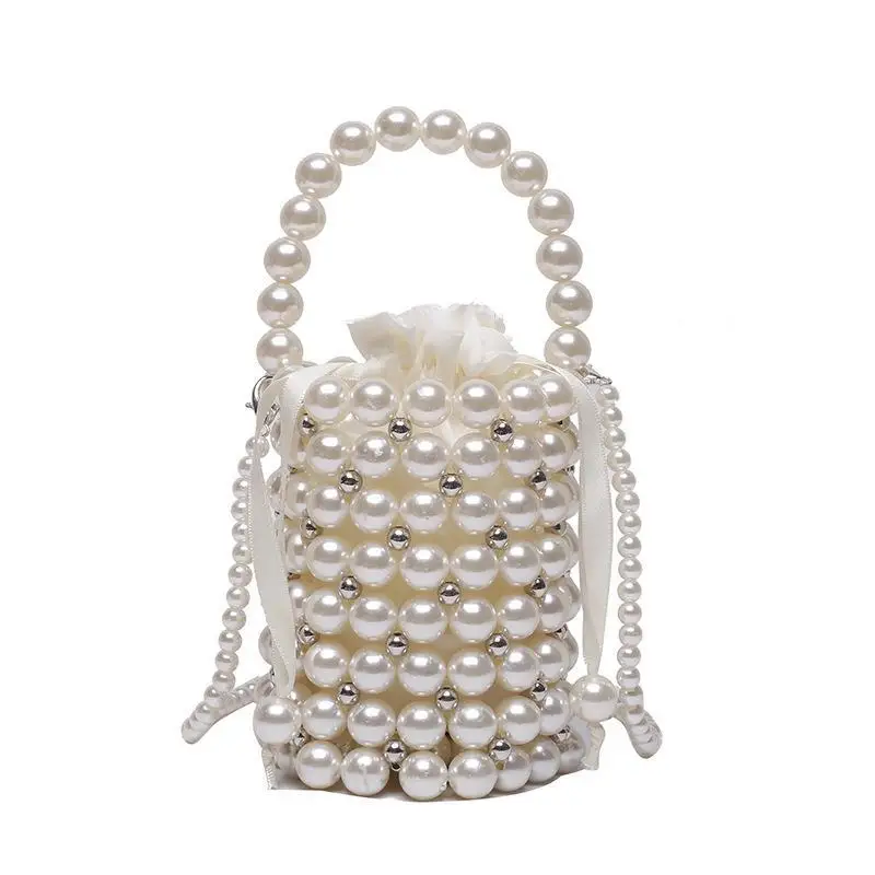 

Meetee XZH-018 Silver Gold Non-adjustable Woven Crossbody Bag One -shoulder Bucket Shaped White Pearl Bag
