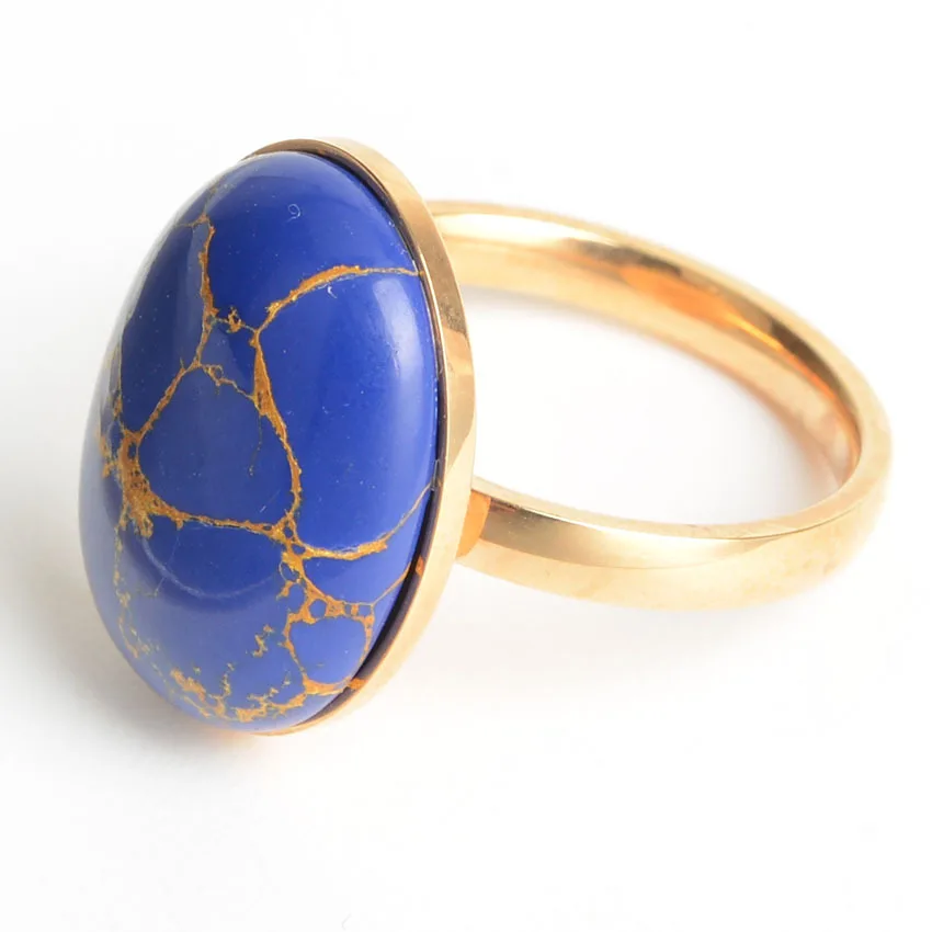 

Vintage Gemstone men Lapis Cabochon rings 316 stainless steel gold plated large turquoise stone ring