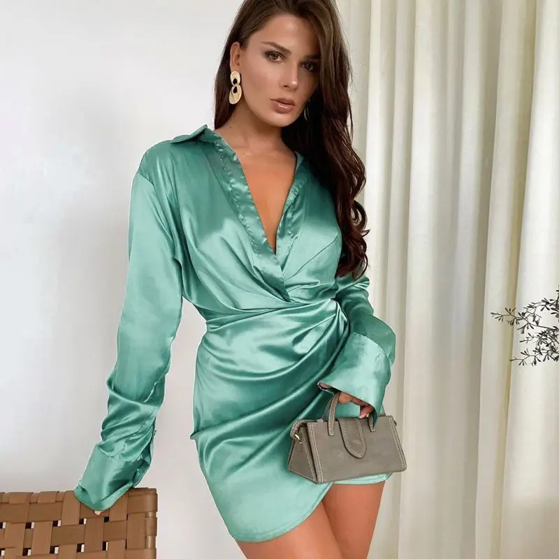 

W1163 Satin Women Long Sleeve V Neck Button Ruched Wrap Mini Dress Bodycon Sexy Party Elegant Korean Winter Cloth For Woman