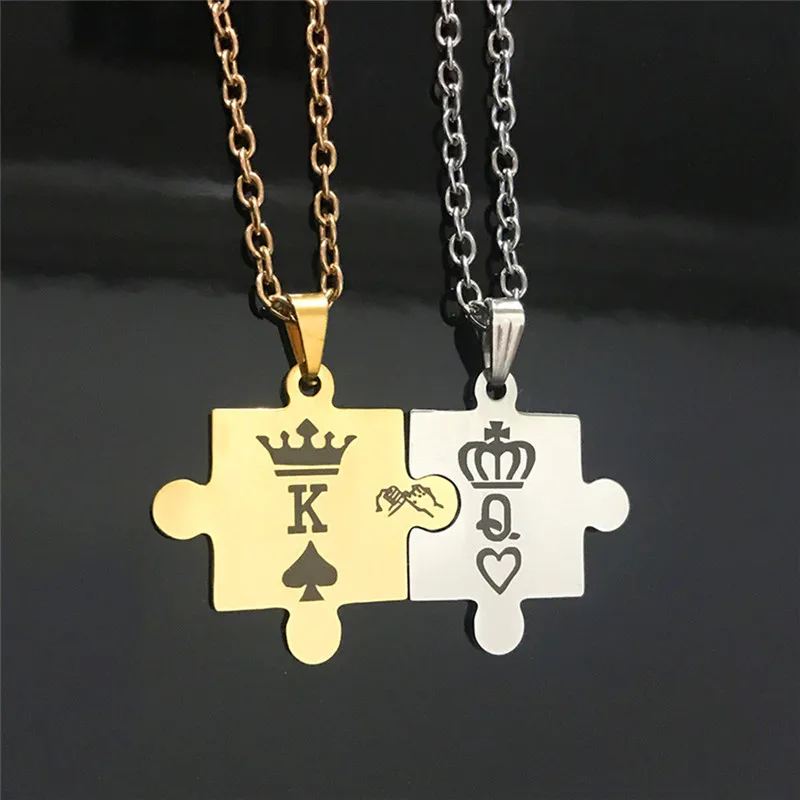 

Valentines Day Splice Stainless Steel Pendant Gold Silver Color Crown Jewelry 2Pcs Romantic K and Q Couple Necklaces