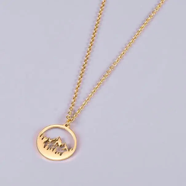 

Simple Stainless Steel Gold Plated Snow Mountain Forest Pendant Necklace Titanium Steel Hollow Mountain Circle Hoop Necklace