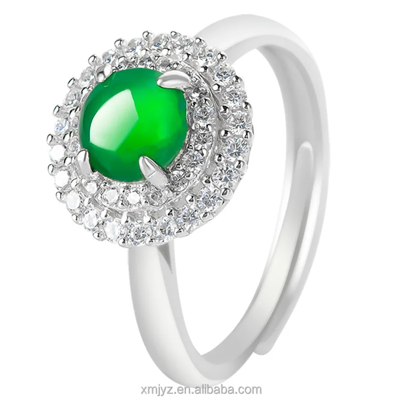 

Certified Grade A S925 Silver Inlaid Natural Emerald Green Ice Jade Stone Ring Fashion Men's Ring Women's Adjustable