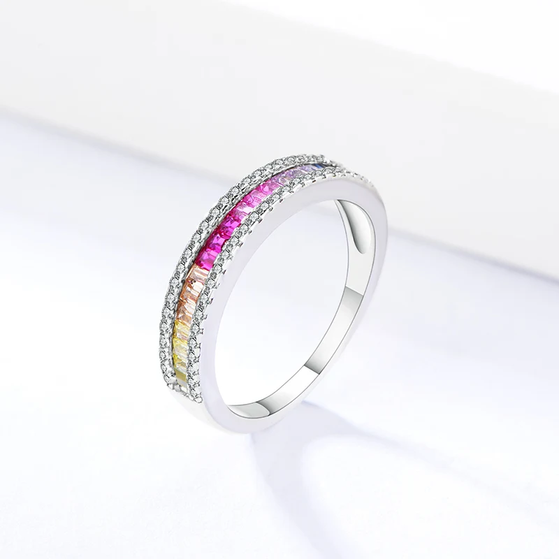 

RINNTIN EQR16 Women Dainty Eternity Ring Band 925 Sterling Silver Multi Gemstone Engagement Ring