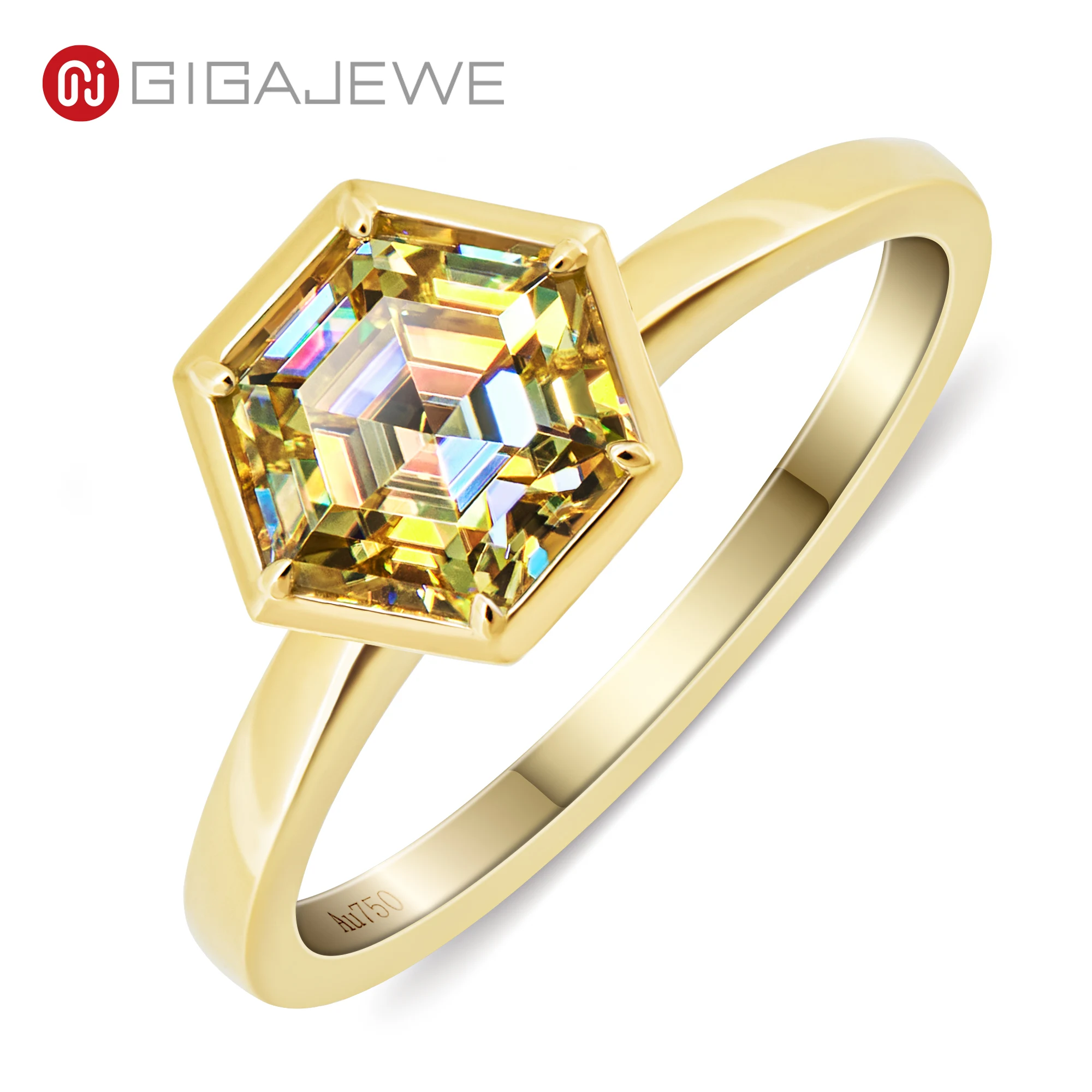 

GIGAJEWE 1ct 6.5mm Vivid yellow/Blue/Green Color Moissanite VVS1 Hexagon Cut 18K White Gold Ring Jewelry Woman Girl Gift