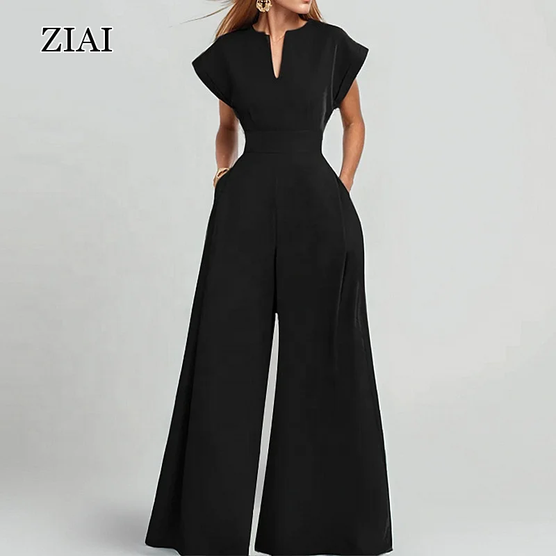 Spring Summer Solid Color Fashion New Jumpsuit Slant Hid-Waist Jumpsuits Playsuits Pants V Neck Half Sleeve