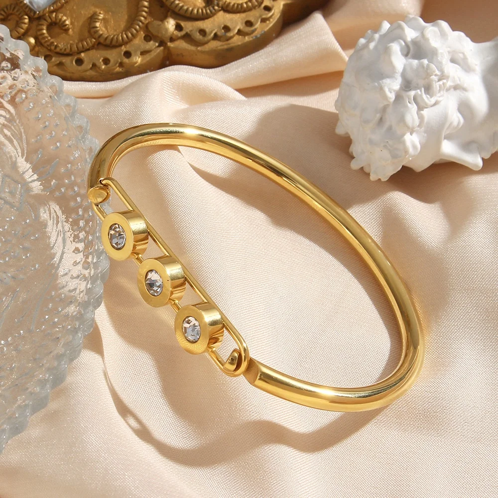 

Tarnish Free Stainless Steel PVD Gold Plated Round CZ Stone Paved Cuff Bangles Jewelry Women