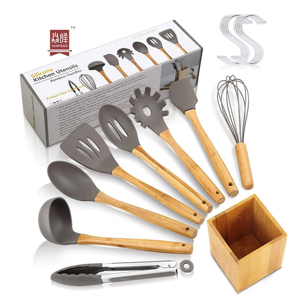 

Hot sell kitchen utensils cookware set 9pcs kitchen cooking accessories bamboo kitchen utensils, Brown