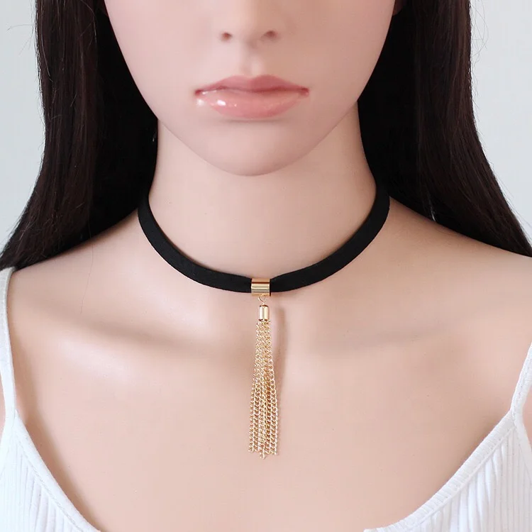 

Trendy Black velvet Chocker Necklace Gold Plating Long Chain Tassel For Women Girls