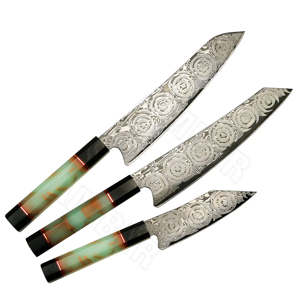 

3 pcs 67 layers Damascus VG 10 Steel Core kitchen knives set with Carbon Fiber fluorescent Resin handle