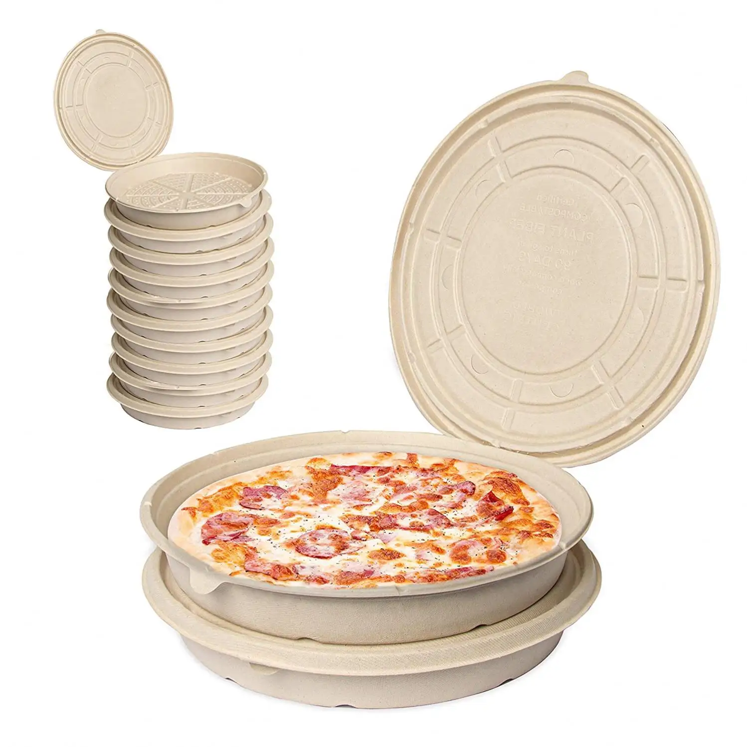 

Eco-friendly High-quality 100% Biodegradable Takeaway Lunch Food Container Bagasse Pizza Box, Natural /white color